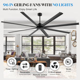 Large 96 Inch Industrial Ceiling Fan with Remote, No Light with 8 Blades-6",12" and 24" Downrods Included